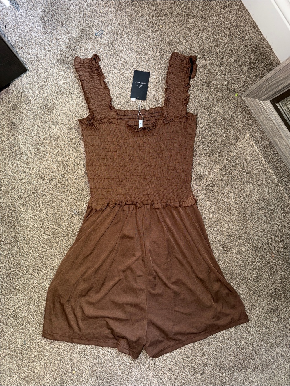 Brown Ruffled Square-Neck Romper